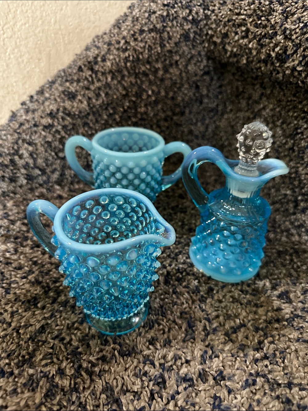 Vintage- hobnail milk glass creamer, sugar, vase